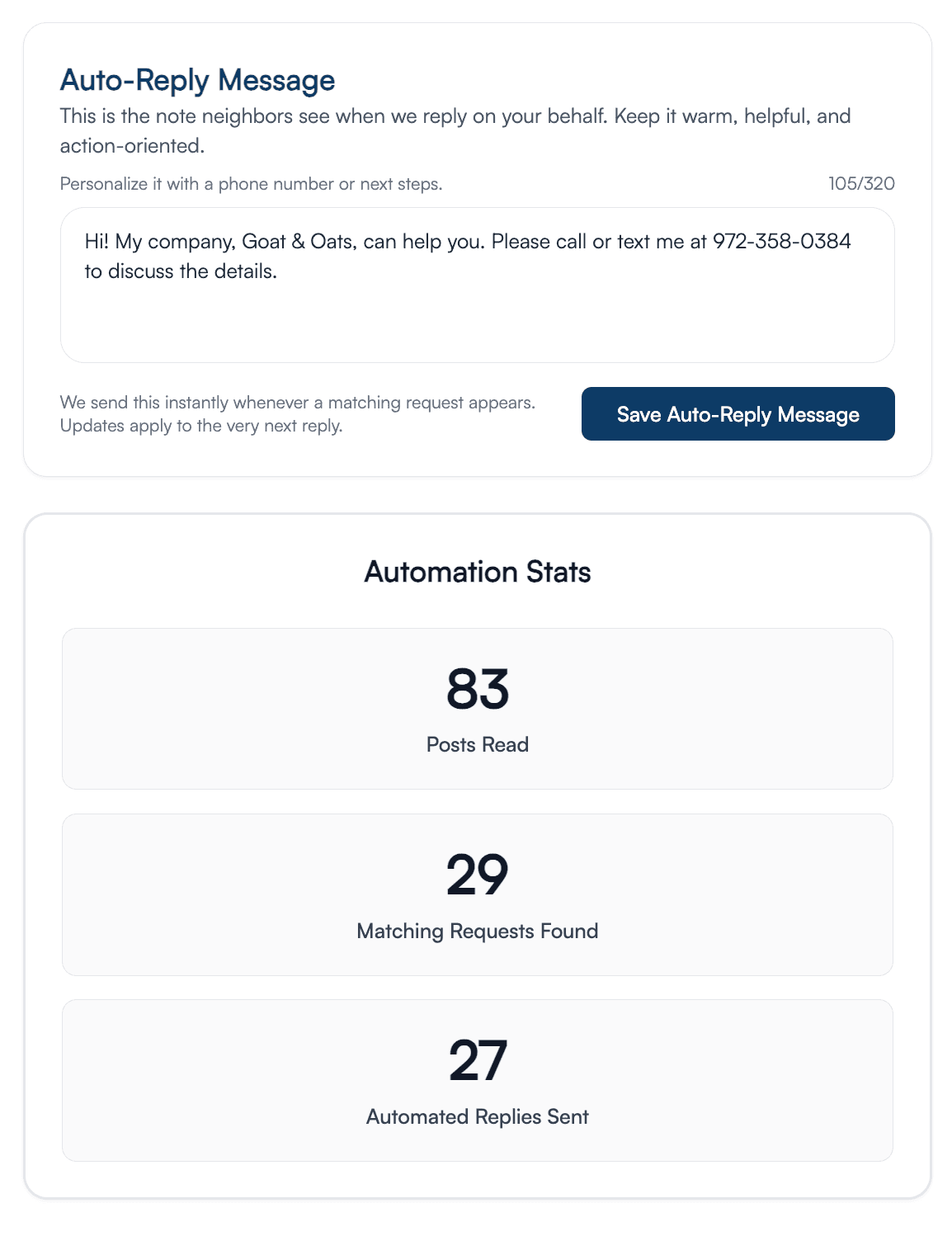 Trusty Goat auto-reply message and stats